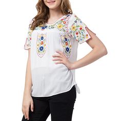 Multicolor Embroidered Short Sleeve Blouse For Spring, Summer Multicolor Embroidered Blouse, Summer Blouse With Multicolor Embroidery, Spring Short Sleeve Blouse With Multicolor Embroidery, Fitted Folk Style Embroidered Top, Folk-style Tops With Geometric Embroidery For Summer, Summer Folk Tops With Geometric Embroidery, Spring Multicolor Embroidered Tops With Sleeves, Summer Blouse With Embroidered Neckline