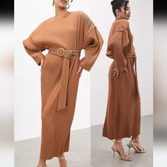 Looks Lose But Inside Lining Is Small Pov: You Have Plans Round Neck Long Sleeves Belted Waist Back Zip Closure Regular Fit Product Code: 132514711 Color Camel Winter Brown Belted Dress, Belted Long Midi Dress For Fall, Belted Brown Dress For Fall, Brown Belted Dress For Fall, Fall Brown Belted Dress, Brown Long Sleeve Maxi Dress For Daywear, Long Sleeve Brown Maxi Dress For Daywear, Long Brown Maxi Dress For Winter, Brown Maxi Dress For Winter