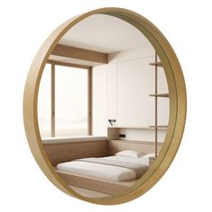 a round mirror reflecting a bedroom with a bed in the middle and a window behind it