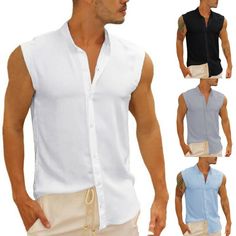 Product Description Men Fashionable Sleeveless T-shirt Mens Beach Casual Stand Up Neck Summer Shirts Product Details   Description: Gender: Men, Boys Style: Men Solid T-shirt, Short Sleeve Tops, Men Sleeveless Blouse, Men Button Down T Shirts Pattern Type: Solid Color Color: White, Light Blue, Gray, Black (Optional) Size: S, M, L, XL, 2XL, 3XL (Follow the size chart to select please) Material: 100% Polyester Neckline: Stand Up Neck Length: Hips Length Sleeve Length: Sleeveless Season: Spring, Su Casual Sleeveless Shirt For Summer, Casual Sleeveless Summer Shirt, Casual Short Sleeve Vest For Summer, Casual White Vest For Beach Season, Casual Summer Vest For Vacation, Cotton Beach Vest, Cotton Beach Vest For Beach Season, Cotton Short Sleeve Summer Vest, Sleeveless Summer Shirt