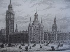 an old drawing of a large building with many spires and people walking around it