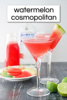 2 martini glasses with watermelon cosmo drink and text Watermelon Cosmo, Extra Watermelon, Cosmopolitan Drink Recipe, Cosmopolitan Cocktail Recipes, Cosmopolitan Drink, Cosmo Recipe, Cosmopolitan Cocktail, Vintage Cocktails