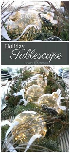 holiday tablescape with pine cones, lights and evergreen branches is perfect for the holidays