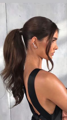 Slick Back Ponytail With Dress, Ball Hairstyles Ponytail, Pony Tailed Hairstyle Homecoming, Slicked Back Pony Wedding Hair, Formal Hair Ideas Ponytail, Slicked Back Ponytail Curled, Ponytail Wedding Guest Hairstyles, Slick Ponytail Hairstyles Wedding, Formal Sleek Ponytail