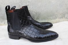 Crafted Leather Men Black Crocodile Texture Leather Chelsea Boot on Storenvy Leather Boots With Crocodile Pattern For Formal Occasions, Business Boots With Crocodile Pattern And Round Toe, Fitted Crocodile Pattern Business Boots, Fitted Crocodile Pattern Boots For Business, Formal Crocodile Pattern Boots With Round Toe, Formal Crocodile Pattern Round Toe Boots, Formal Fitted Boots With Crocodile Pattern, Elegant Formal Boots With Crocodile Pattern, Leather Crocodile Pattern Boots For Work