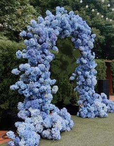 there are many blue flowers on the ground in front of some bushes and trees,