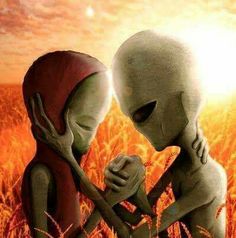 an alien couple standing in the middle of a field with their heads touching each other