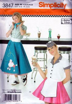 Costume pattern contains Skirt(s) with poodle applique, Petticoat, Shirts, Apron, Hat. This sewing pattern is out-of-print, factory folded, complete with instructions. 1950s Diner Waitress, 1950s Waitress, Diner Uniform, Bib Apron Pattern, 1950s Poodle Skirt, Poodle Skirt Costume, Poodle Skirt Outfit, Waitress Outfit, Costume Sewing