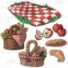 an illustration of picnic items including bread, apples and croissants on a checkered tablecloth