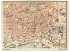 an old map of barcelona showing the streets and major roads in orange, with buildings on each side