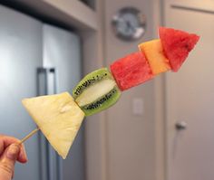 a person is holding a fruit skewer with watermelon and kiwi slices