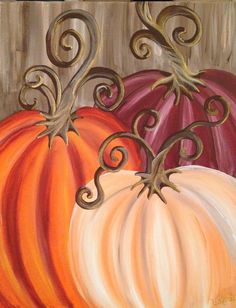 an acrylic painting of two pumpkins with swirly designs on them, one orange and the other red