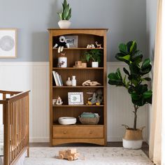 a baby's room with a crib, bookcase and potted plant