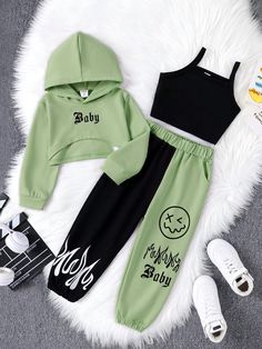 Young Girl Letter Graphic High-low Hem Hoodie & Sweatpants & Cami Top Green Casual  Long Sleeve Fabric Colorblock,Letter  Medium Stretch  Young Girls Clothing, size features are:Bust: ,Length: ,Sleeve Length: Cute Outfits With Shorts, Cute Dress Outfits, Girls Fall Outfits, Casual Preppy Outfits, Hoodie And Sweatpants, Quick Outfits, Cute Preppy Outfits, Easy Trendy Outfits, Tween Outfits