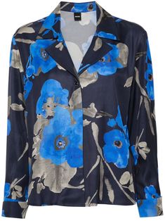 navy blue twill weave all-over floral print concealed front button fastening notched collar long sleeves buttoned cuffs curved hem Yoko London, City Dress, Twill Weave, Floral Print Shirt, Summer Beach Wear, Notched Collar, Ski Wear, Lady Dior, Jacket Tops