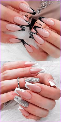 French Tip Nail Designs, Beige Nails, Simple Acrylic Nails, Glow Nails, Fall Acrylic Nails, Black Nail, Nail Designs Glitter