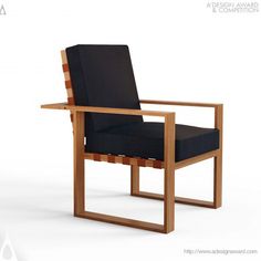 a wooden chair with black fabric on it