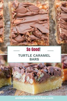 turtle caramel bars with chocolate frosting on top and the words so good above them