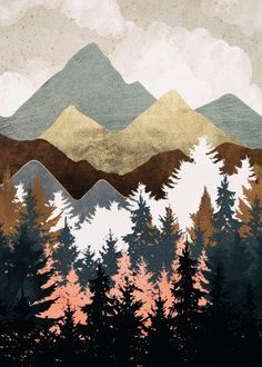 the mountains are covered with trees and clouds in this artistic painting by artist markiek