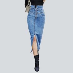 Revive the '90s with our 2023 Summer Collection: the long. stonewashed. tall-waist jean skirt that will make you stand out! Our statement denim piece is crafted with a distinctive damaged pattern. sleek slim fit. zipper and button duo and premium quality denim for a bold and stylish look.Distinctive Features: Grunge Elegance: Inspired by the iconic '90s alternative movement. these jeans embody rebellion and sophistication. Distinctive Distressed Pattern: Expertly crafted wear and tear. capturing High Waist Dark Wash Denim Skirt, High Waist Non-stretch Denim Skirt, Non-stretch High Waist Denim Skirt, High Rise Medium Wash Skirt For Fall, Non-stretch Denim Blue Straight Leg Skirt, Fall High Waist Denim Skirt, High-rise Non-stretch Denim Skirt, Trendy Denim Skirt For Fall, Chic Non-stretch High Rise Denim Skirt