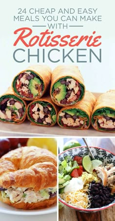 the cover of rotisseie chicken is shown with pictures of different types of food