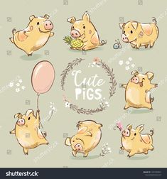 cute pigs with balloons and flowers - animals characters