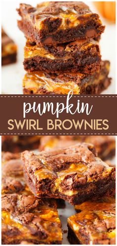 pumpkin swirl brownies stacked on top of each other with the title in the middle