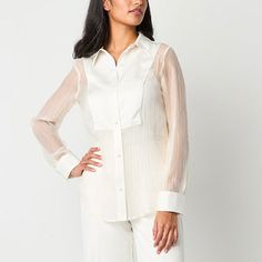 This Worthington women's semi-sheer luxe blouse provides a fresh contemporary take for work or a dinner date. Crafted from soft crinkled organza and a satin yoke and cuffs, this button-down has a beautiful feminine silhouette. Style it with tailored pants and pointed-toe pumps. Closure Type: ButtonFit: Regular FitNeckline: Collar NeckSleeve Length: Long SleeveSleeve Style: Cuffed SleeveApparel Length: 29 InchesFiber Content: 55% Nylon, 45% PolyesterFabric Description: OrganzaCollar: Point Collar Sheer Long Sleeve Shirt For Work, Casual Sheer Top For Office, Summer Button-up Top With Sheer Sleeves, Classic Sheer Top For Office, Summer Long Sleeve Blouse With Back Button Closure, Classic Sheer Collared Tops, Feminine Button-up Blouse With Button Cuffs, Elegant Spring Tops With Placket, Summer Sheer Sleeves Button-up Blouse