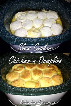 two bowls filled with food sitting on top of a table next to each other and the words slow cooker chicken - in - dumplings