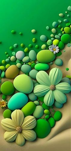 an abstract painting of flowers and rocks on the beach with green water in the background