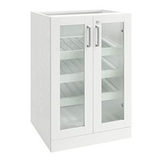 a white cabinet with two glass doors and shelves on the front, one door open