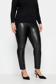 Shop Evans Black Leather Look Leggings at Yours Clothing. Discover women’s plus size clothing in sizes 10-36 with fast delivery. Flowy Tunic Tops, Flowy Tunic, Curvy Girl Outfits, Fashion Fits, Slim Legs, Leggings Shop, Edgy Fashion, Plus Size Clothing, Jersey Fabric