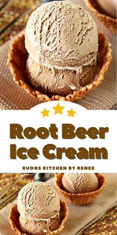 two scoops of root beer ice cream sitting on top of each other in small bowls