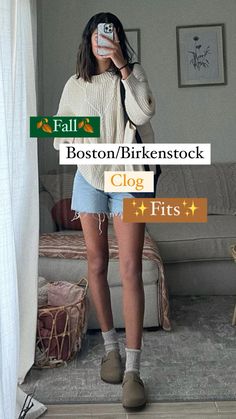 Fall Birks Outfit, Burken Stocks Shoes Outfit Women, Birkenstock Boston Narrow Vs Wide, Boston Clog Outfit Fall, Outfits With Boston Birks, Shorts And Boston Birks, Outfits Boston Birks, Birkenstock Clogs Street Style, Fall Outfit With Birkenstock Clogs