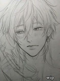 a pencil drawing of an anime character with long hair and blue eyes, looking to the side