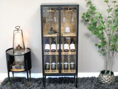 Wine Floor Cabinet, Black Metal, Wooden Shelves, Glass Door, Floor Standing Wooden Wine Cabinet, Floor Cabinet, Wine Cabinet, Wine Glass Holder, Drinks Cabinet, Wine Bottle Holders, Wine Cabinets, Glass Holders, Black Metal Frame