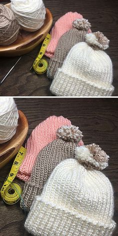 two pictures of hats with yarn on them, one is white and the other is pink