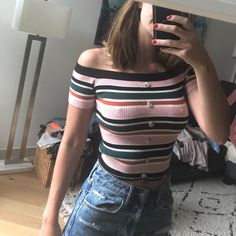 Nwot Lottie Moss Striped Crop Top Off The Shoulder Retail Price: $30 Trendy Pink Crop Top For Day Out, Pink Short Sleeve Crop Top For Day Out, Pink Cropped Top For Day Out, Casual Pink Crop Top For Day Out, Lottie Moss, Pacsun Tops, Striped Crop Top, Pacsun, Fashion Boutique