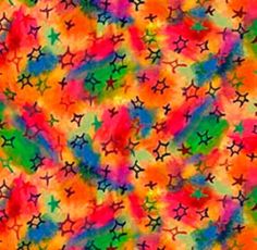 multicolored stars and swirls pattern on an orange, pink, green, blue, red, yellow background