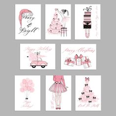 six christmas cards with pink and black designs on the front, one is for a girl