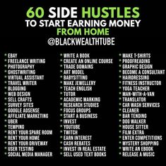 a poster with the words 60 side hustles to start earning money from home