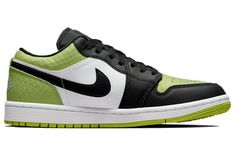 The Air Jordan 1 Low SE 'Vivid Green Snakeskin' is a stylish sneaker perfect for any activity. Featuring a black and green mix with a reptilian texture, this sneaker is sure to make a statement. The green texture is featured on the collar, heel, and toe, while the tongue, laces, and lining follow suit. The black leather works on the toe, eyestay, and Swoosh, while the Rear Wings embroidery stands out against the white midsole. This sneaker is perfect for any woman looking to make a bold statemen Green Custom Sneakers With Boost Midsole For Sports, Custom Green Low-top Sneakers For Light Sports, Green Low-top Custom Sneakers For Light Sports, Sporty Green Custom Sneakers For Light Sports, Green Custom Sneakers With Boost Midsole For Running, Custom Green Sneakers With Boost Midsole For Running, Green Custom Sneakers For Running With Boost Midsole, Green Leather Sneakers For Light Sports, Modern Green Sneakers For Streetwear