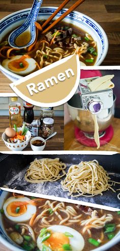 several pictures of ramen in various bowls with chopsticks