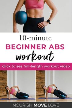 the 10 minute beginner abs workout is shown in three different poses and includes an exercise ball