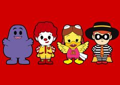 five cartoon characters standing in front of a red background