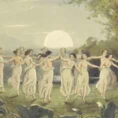 a group of women are dancing in the grass with their arms around each other as birds fly nearby