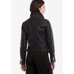 A wardrobe mainstay, our updated leather biker jacket features a zip front with funnel collar that can be worn up to show off self-belt with metal buckle. Featuring long sleeves with snap cuffs, two decorative breast pockets and two functional side zip pockets, the silver buckle along the side bottom hem adds that final finishing touch. Fitted Leather Jacket With Zip Cuffs For Spring, Modern Winter Biker Jacket With Zip Cuffs, Fitted Biker Jacket With Zip Cuffs For Spring, Black Biker Jacket With Zip Cuffs For Spring, Spring Leather Jacket With Zip Cuffs, Fall Leather Jacket With Zip Cuffs For Work, Fitted Leather Jacket With Zip Cuffs For Fall, Fall Workwear Leather Jacket With Zip Cuffs, Leather Jacket With Zip Cuffs For Work In Fall