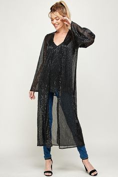 Long Sleeve Black Sequin Duster Kimono | Bella Lucca Boutique Tyler Candle Company, Duster Kimono, Long Duster, Kimono Duster, Walk This Way, Long Kimono, Black Cardigan, Black Media, Front Open