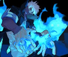 an animated image of a person holding something in their hand with blue flames behind them