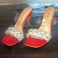 Nwt Rampage High Heel Mule Slides Clear Vinyl Rhinestone Stiletto Sandals Size 10m L Elegant Red Sandals With Rhinestones, Red Open Toe Heels With Rhinestones, Red Rhinestone Heels For Party, Red Rhinestone Party Heels, Mule Slides, High Heel Mules, Stiletto Sandals, Clear Vinyl, Mule